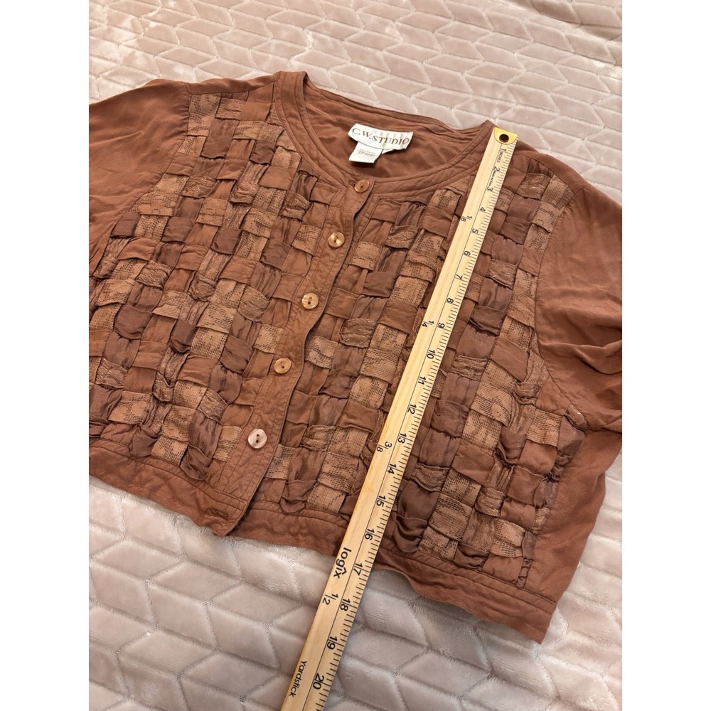 Y2K Whimsigoth Smocked Texture Button Crop Top Rust Brown Basketweave Shirt SZ L - Picture 13 of 14